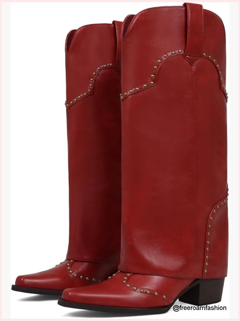 Fold Over Knee High Snip Toe Cowboy Boots Chunky Heel Studded Pull On Classic
